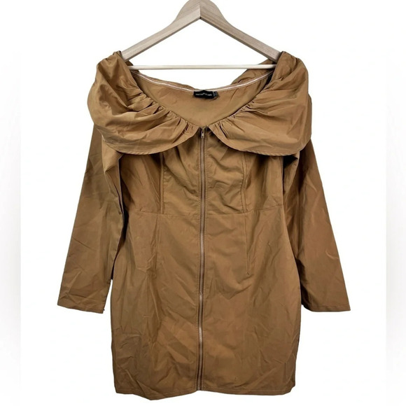 PLT • Camel Bardot Zip Front Shirt Bodycon Dress - Picture 6 of 12